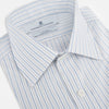 View 2 of product The Turnbull & Asser Sky Blue Combination Stripe Mayfair Shirt features long sleeves, a T&A collar, buttoned cuffs, and thin vertical stripes in blue, shown on a plain white background.