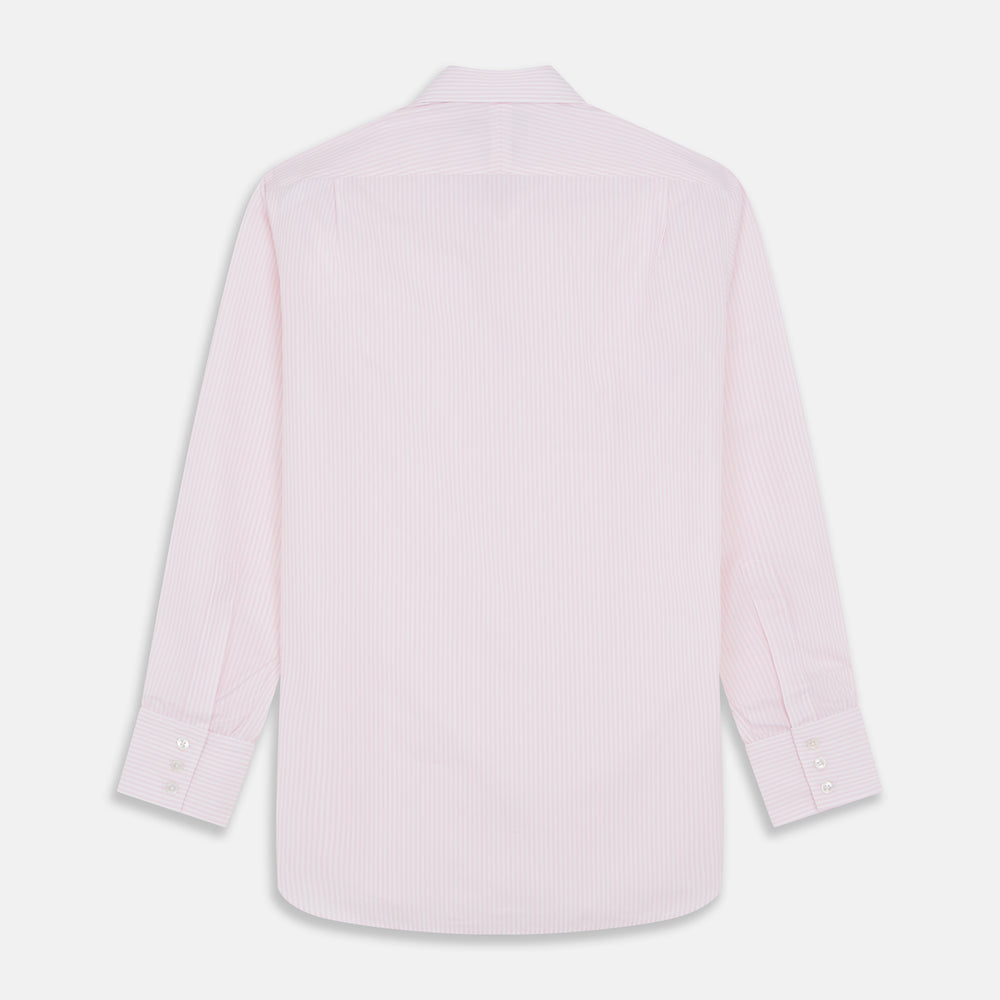 The Turnbull & Asser White and Pink Wide Stripe Mayfair Shirt features long sleeves, a collar, and bold vertical stripes, shown laid flat on a white background.