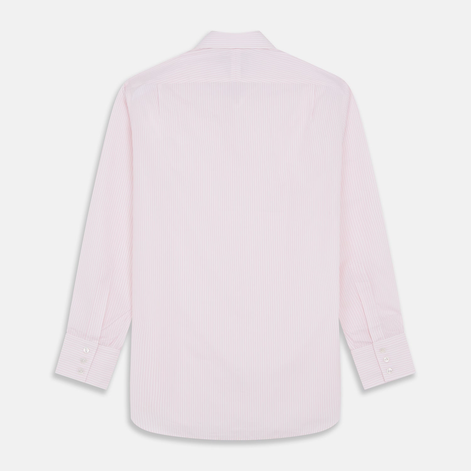 View 5 of product The Turnbull & Asser White and Pink Wide Stripe Mayfair Shirt features long sleeves, a collar, and bold vertical stripes, shown laid flat on a white background.