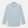 View 1 of product The Turnbull & Asser Green and Blue Check Pyjama Shirt features long sleeves and a button-up design on a white base, offering elegant loungewear style. Shown laid flat against a white background.