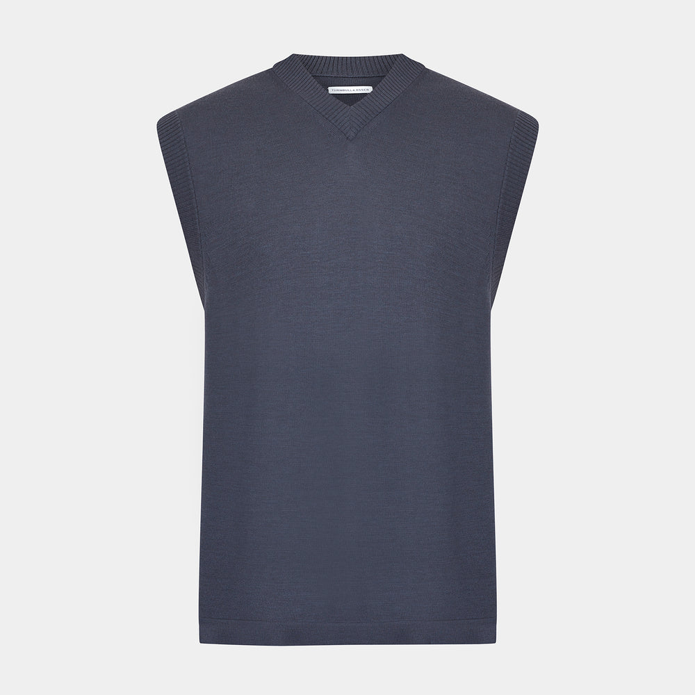 The Turnbull & Asser Grey Fine Merino V-Neck Vest, featuring a sleeveless design, is elegantly displayed against a plain white background.