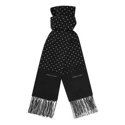 Black and White Spotted Silk Scarf with Fringes Image 3
