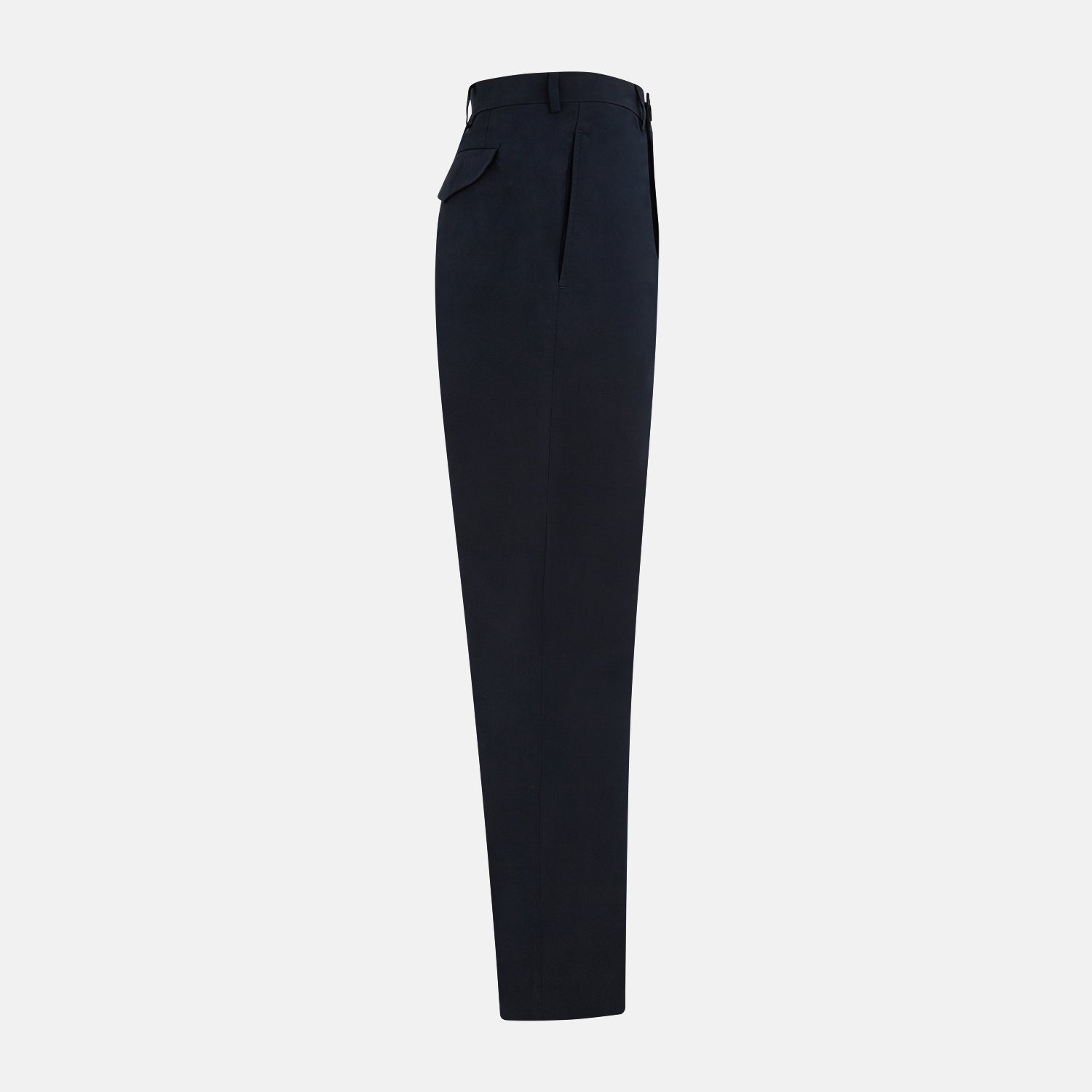 View 4 of product Turnbull & Asser’s Midnight Blue Winston Trousers, in high-twist cotton with belt loops and a button closure, are shown flat against a plain white background.