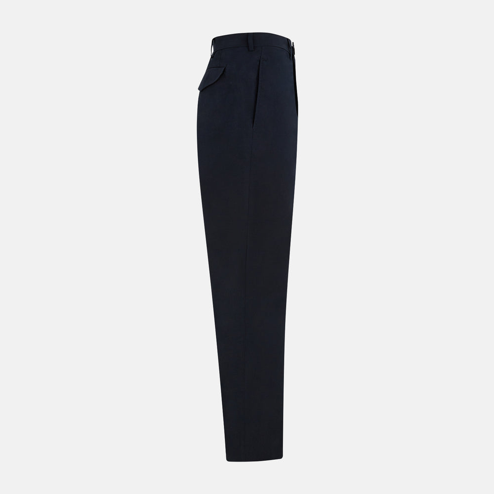 Turnbull & Asser’s Midnight Blue Winston Trousers, in high-twist cotton with belt loops and a button closure, are shown flat against a plain white background.