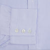 View 3 of product Turnbull & Asser Blue and White Fine Bengal Stripe Sea Island Quality Cotton Shirt, featuring a T&A collar, long sleeves, white buttons, and 3-button cuffs. Shown flat on a white background for a classic formal look.