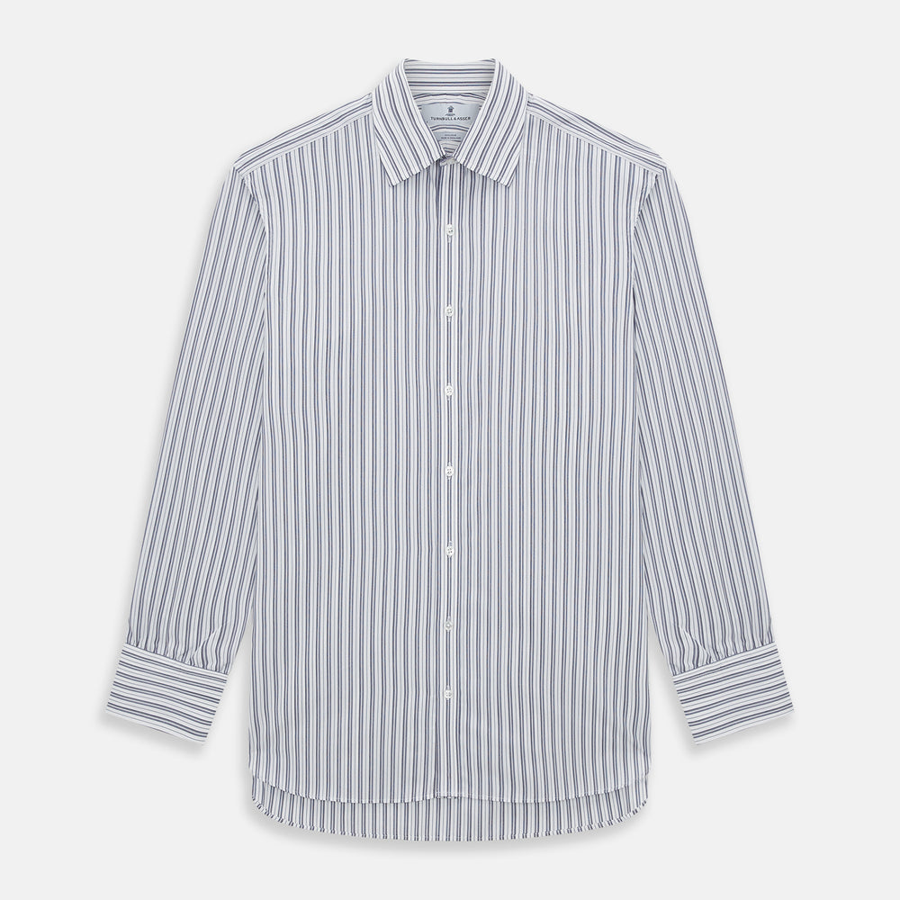 The Turnbull & Asser Navy Multi Stripe Mayfair Shirt, a pure cotton button-up with long sleeves and a collar, features thin vertical blue and white stripes and is displayed flat on a white background.