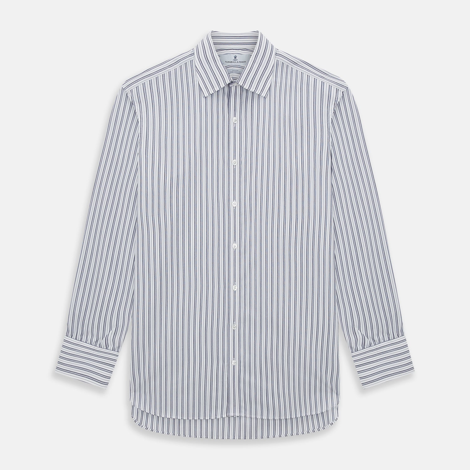 View 1 of product The Turnbull & Asser Navy Multi Stripe Mayfair Shirt, a pure cotton button-up with long sleeves and a collar, features thin vertical blue and white stripes and is displayed flat on a white background.