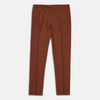 View 1 of product Turnbull & Asser’s Rust Linen-Wool-Silk Gerry Trousers, in a classic fit with straight legs, pleats, belt loops, and front button-zip closure, are neatly displayed flat on a white background.
