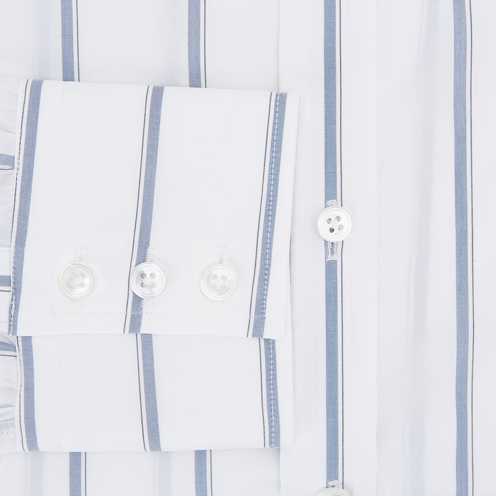 The Turnbull & Asser Steel Grey Track Stripe Mayfair Shirt is a long-sleeve Italian cotton shirt with vertical stripes, a button-down front, and classic collar, shown laid flat on a white background.