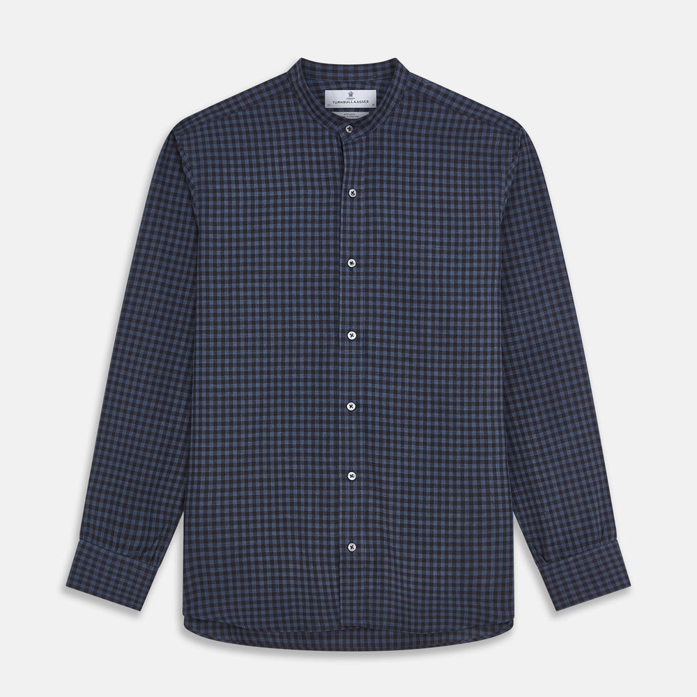 The Turnbull & Asser Navy Check Cotton Weekend Fit Blake Shirt features a long-sleeve, button-up design with a stand collar and white buttons, shown on a white background.
