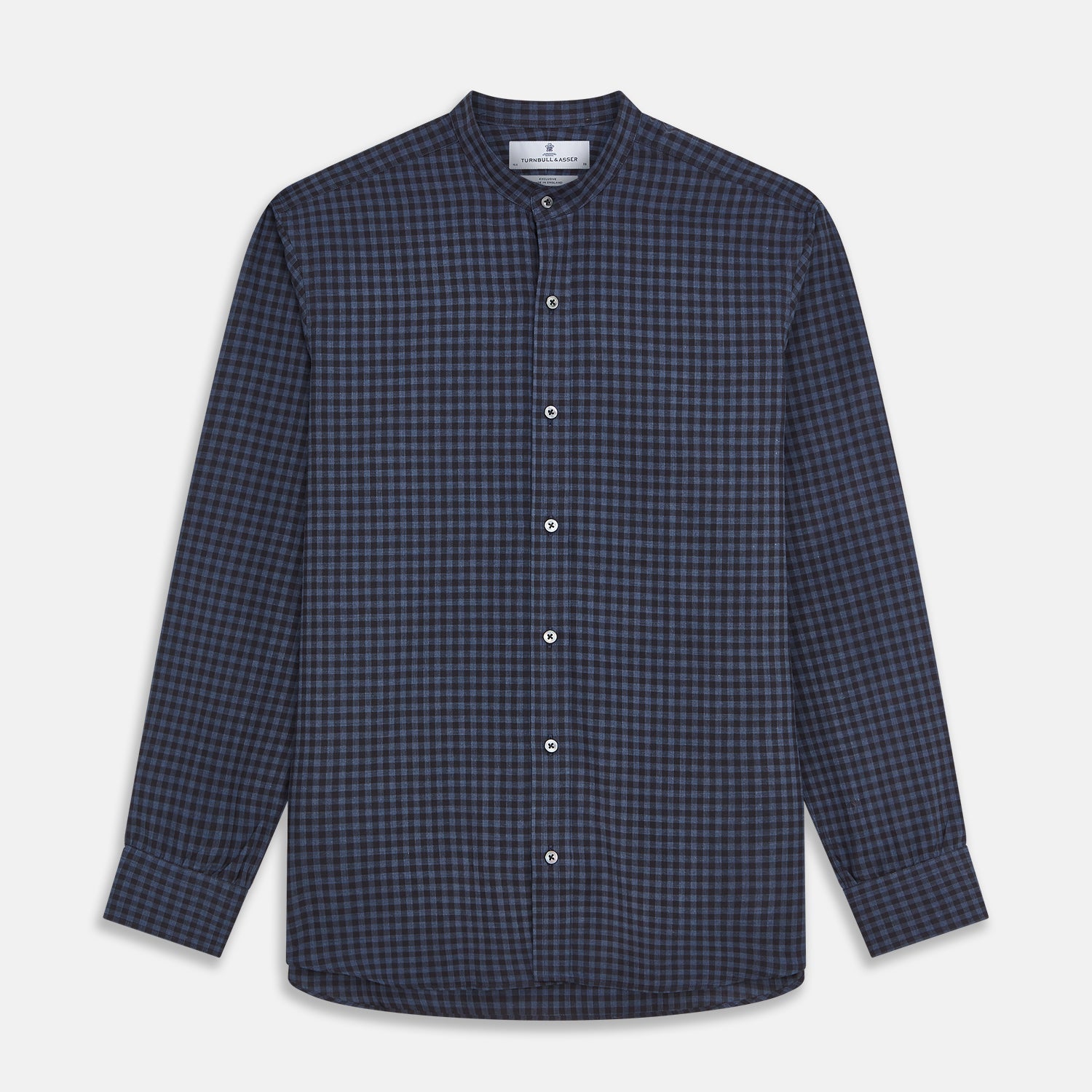View 1 of product The Turnbull & Asser Navy Check Cotton Weekend Fit Blake Shirt features a long-sleeve, button-up design with a stand collar and white buttons, shown on a white background.