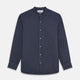 The Turnbull & Asser Navy Check Cotton Weekend Fit Blake Shirt features a long-sleeve, button-up design with a stand collar and white buttons, shown on a white background.
