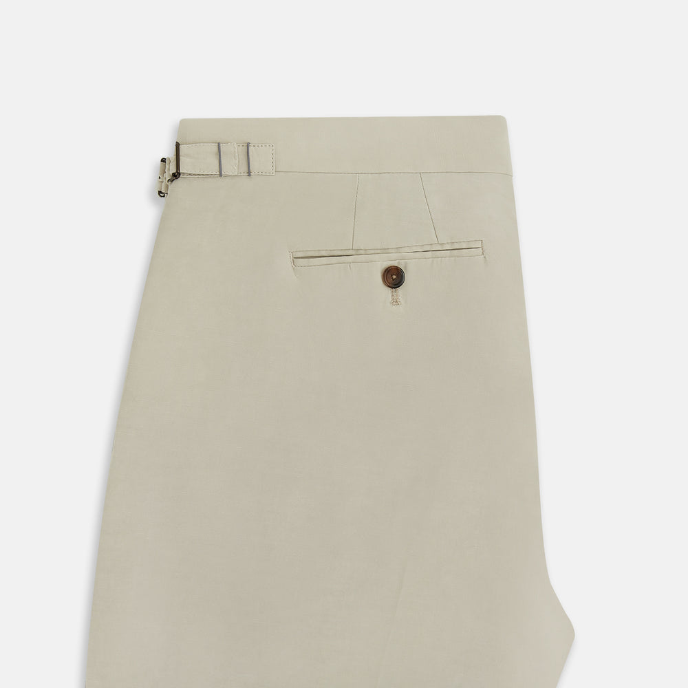 Turnbull & Asser Taupe Cotton Blend Henry Trousers with a straight-leg formal cut, button and zipper closure, belt loops, and side pockets, shown against a plain white background.