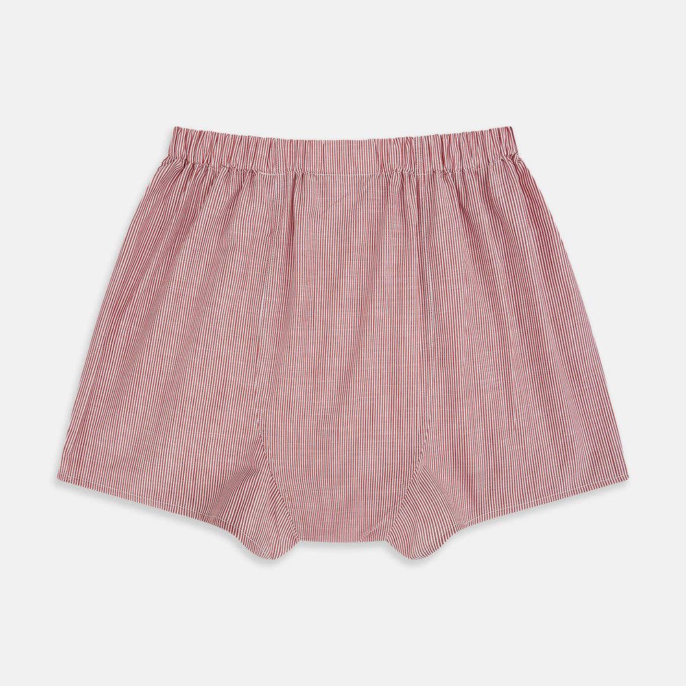 Turnbull & Asser Red Fine Bengal Stripe Godfrey Boxer Shorts, made from premium Italian cotton with an elastic waistband, shown flat against a white background.
