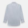 View 3 of product The Navy and White Ticking Stripe Mayfair Shirt by Turnbull & Asser features long sleeves, buttoned cuffs, a pointed T&A collar, and button-up front, shown on a plain white background.