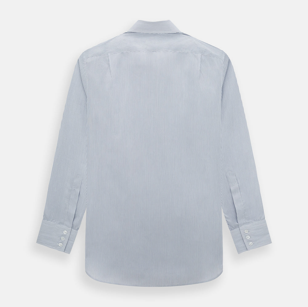 The Navy and White Ticking Stripe Mayfair Shirt by Turnbull & Asser features long sleeves, buttoned cuffs, a pointed T&A collar, and button-up front, shown on a plain white background.