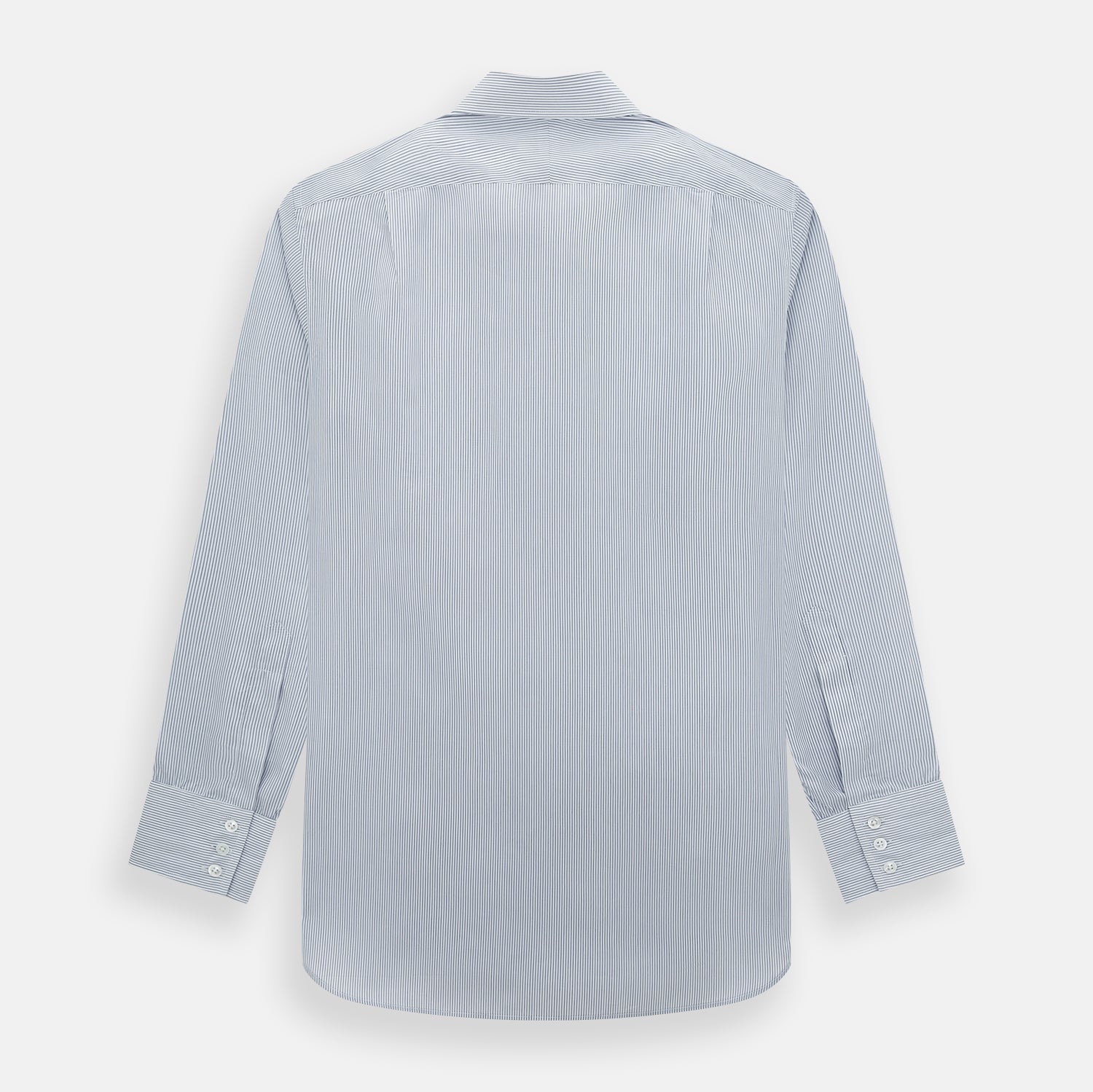 View 3 of product The Navy and White Ticking Stripe Mayfair Shirt by Turnbull & Asser features long sleeves, buttoned cuffs, a pointed T&A collar, and button-up front, shown on a plain white background.