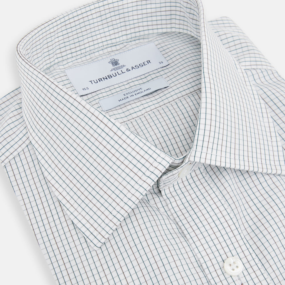 A Forest Melange and Red Graph Check Mayfair Shirt by Turnbull & Asser, featuring a classic T&A collar, button-down front, and buttoned cuffs, crafted from fine Italian cotton and shown on a plain white background.