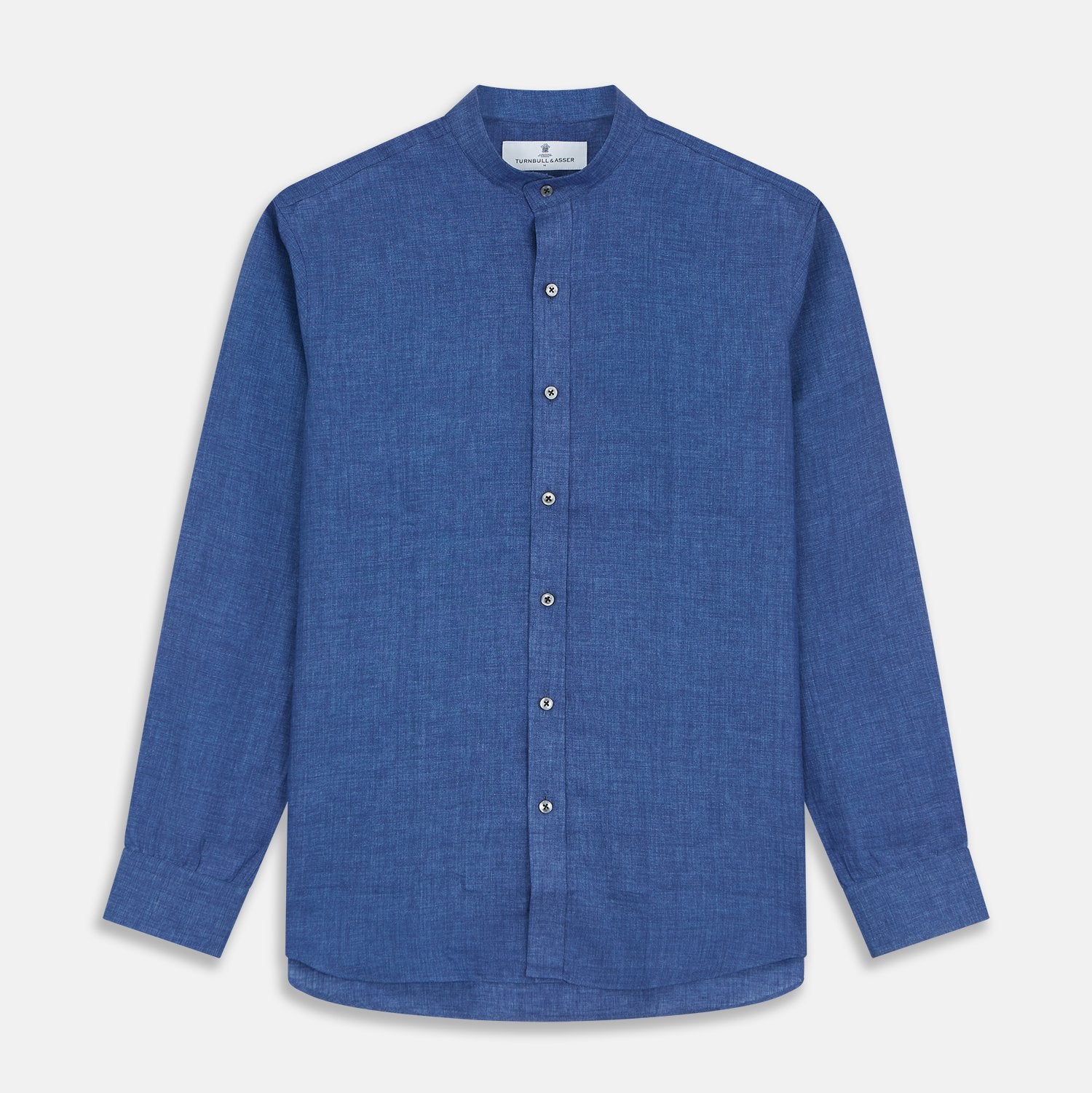 View 2 of product Close-up of Turnbull & Asser Navy Linen Fabric, highlighting its texture and weave pattern, displayed within a circular border against a plain white background.