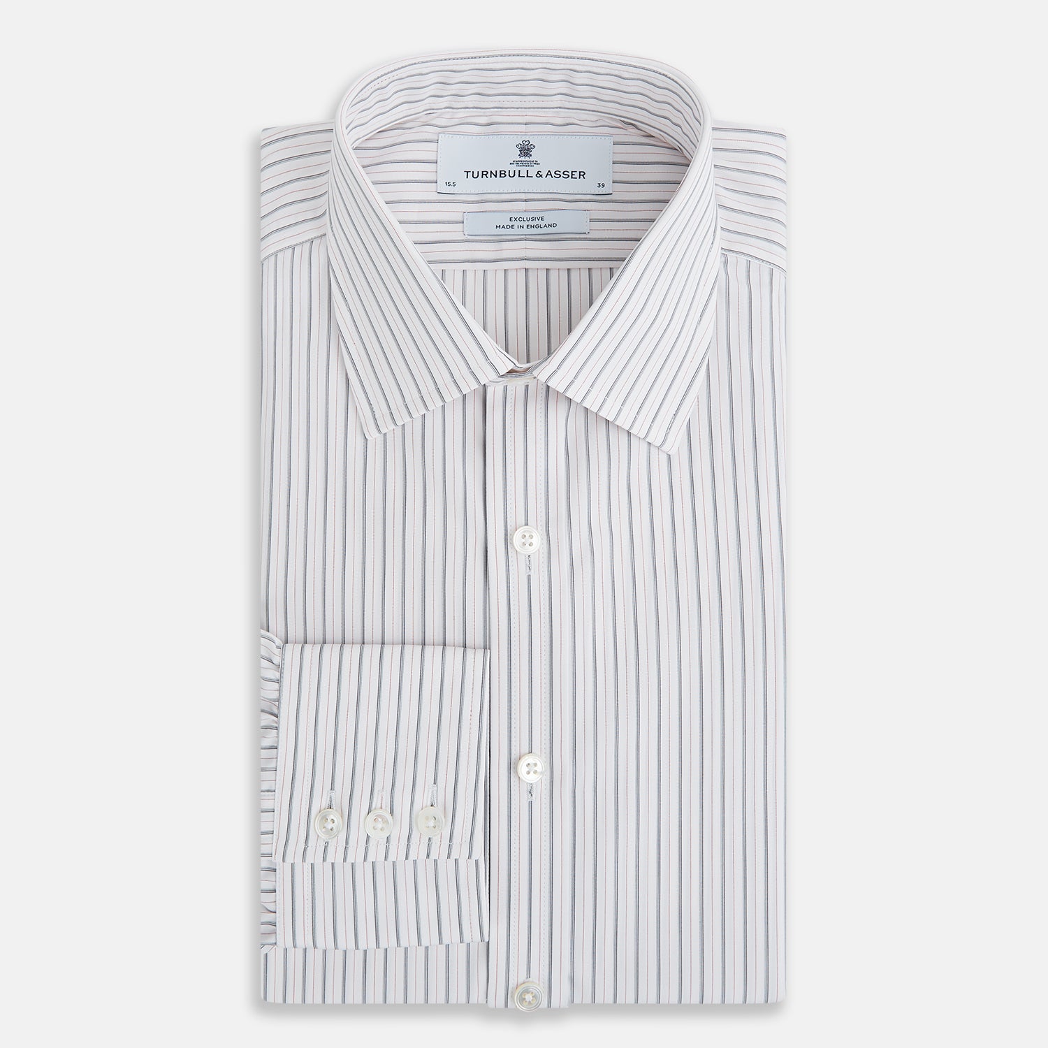 View 5 of product The Turnbull & Asser Midnight Blue and Red Ticking Stripe Mayfair Shirt features long sleeves, a pointed collar, buttoned cuffs, and fine Italian cotton—an essential men's wardrobe piece shown on a plain white background.