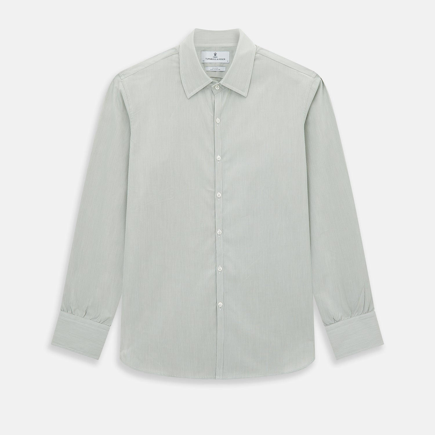 View 1 of product A dark green hairline stripe Westminster shirt by Turnbull & Asser, featuring long sleeves, a classic collar, tailored fit, white front buttons, and buttoned cuffs, laid flat on a white background.