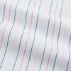 View 6 of product The Turnbull & Asser Pink and Blue Wide Pinstripe Mayfair Shirt features long sleeves, T&A collar, button-down front, and buttoned cuffs. It has bold pink and blue pinstripes on white and is laid flat on a white surface.