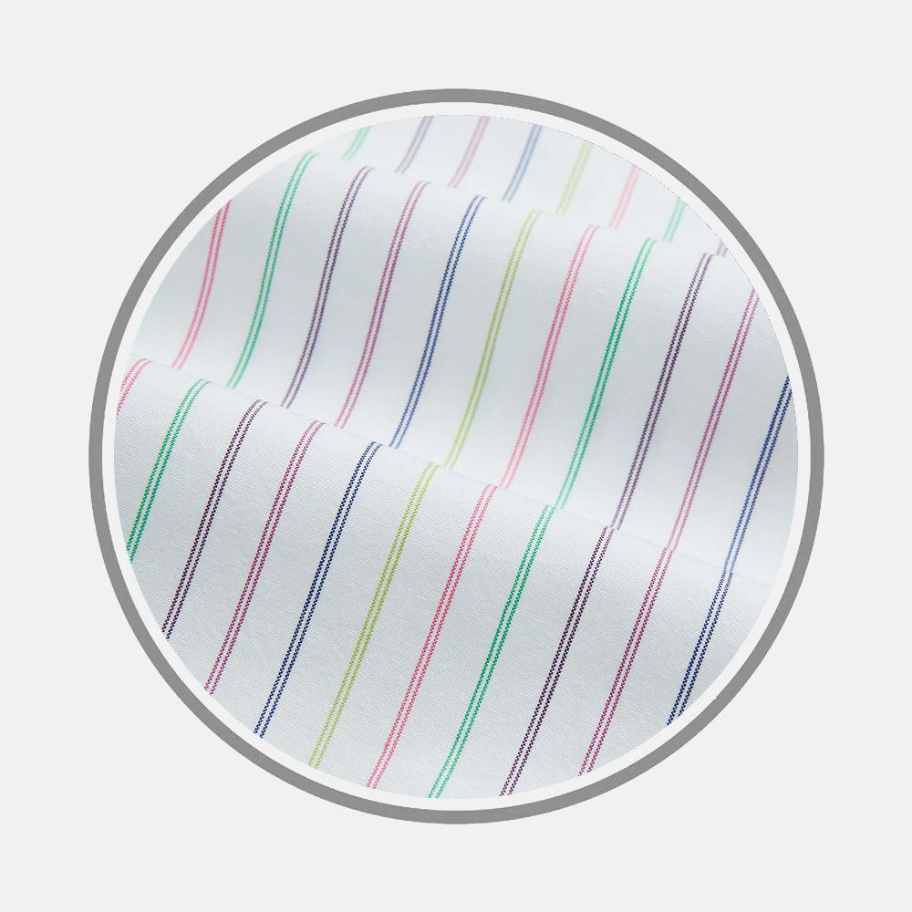 Close-up of Turnbull & Asser's Rainbow Stripe Fabric, featuring white material with evenly spaced, thin vertical stripes in green, blue, red, yellow, and purple, displayed within a circular frame against a plain background.