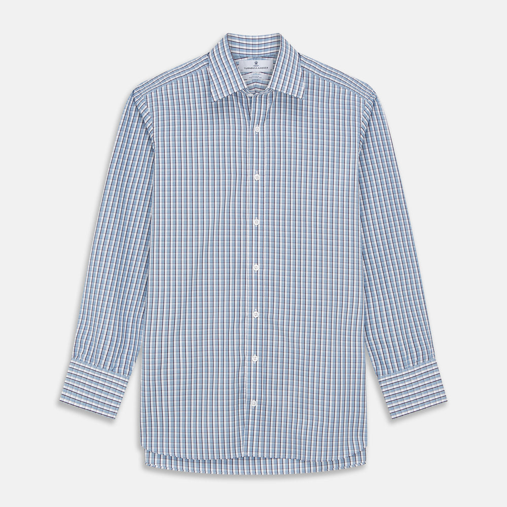 The Turnbull & Asser Blue and White Check Cotton Regular Fit Mayfair Shirt features long sleeves, a pointed collar, and buttoned cuffs, shown here on a white background.