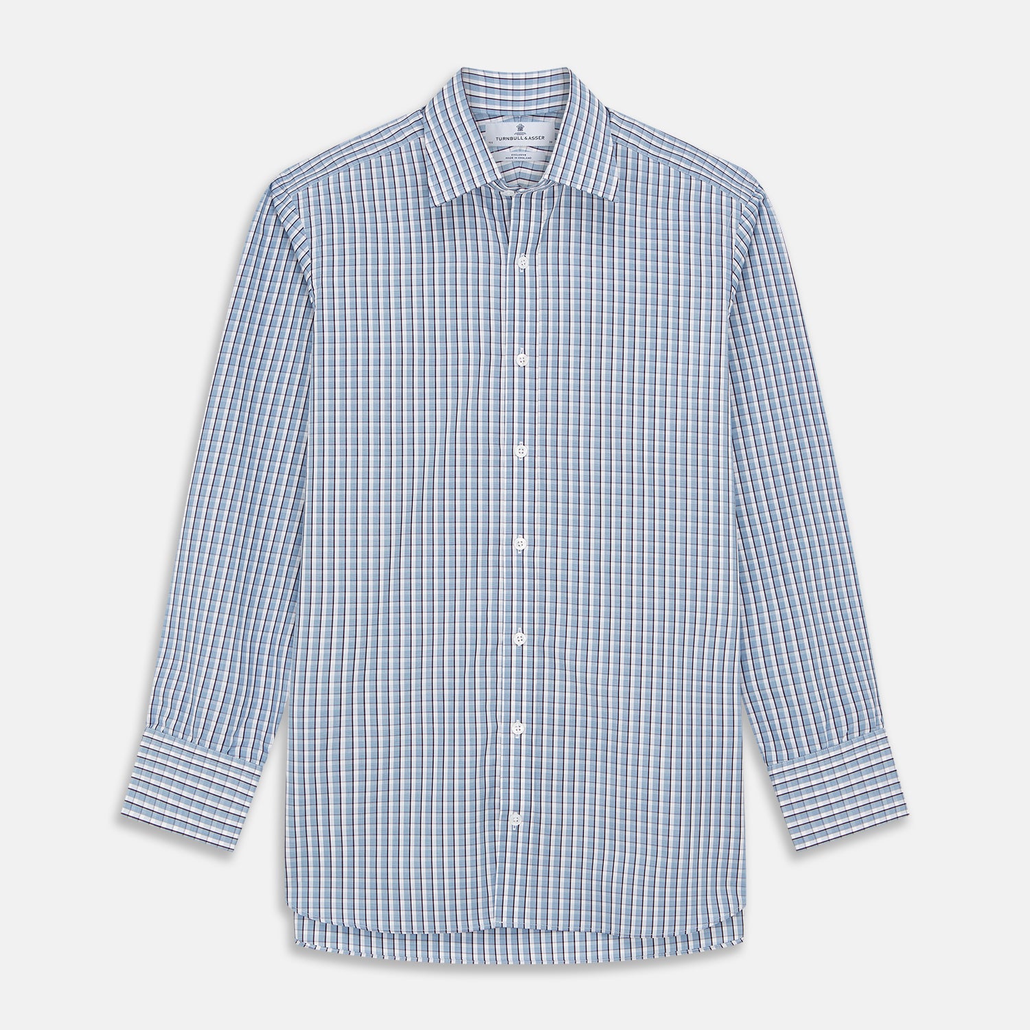 View 1 of product The Turnbull & Asser Blue and White Check Cotton Regular Fit Mayfair Shirt features long sleeves, a pointed collar, and buttoned cuffs, shown here on a white background.