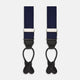Turnbull & Asser Navy Silk Braces laid flat on a white background, featuring black leather loops, silver hardware, and an adjustable design.