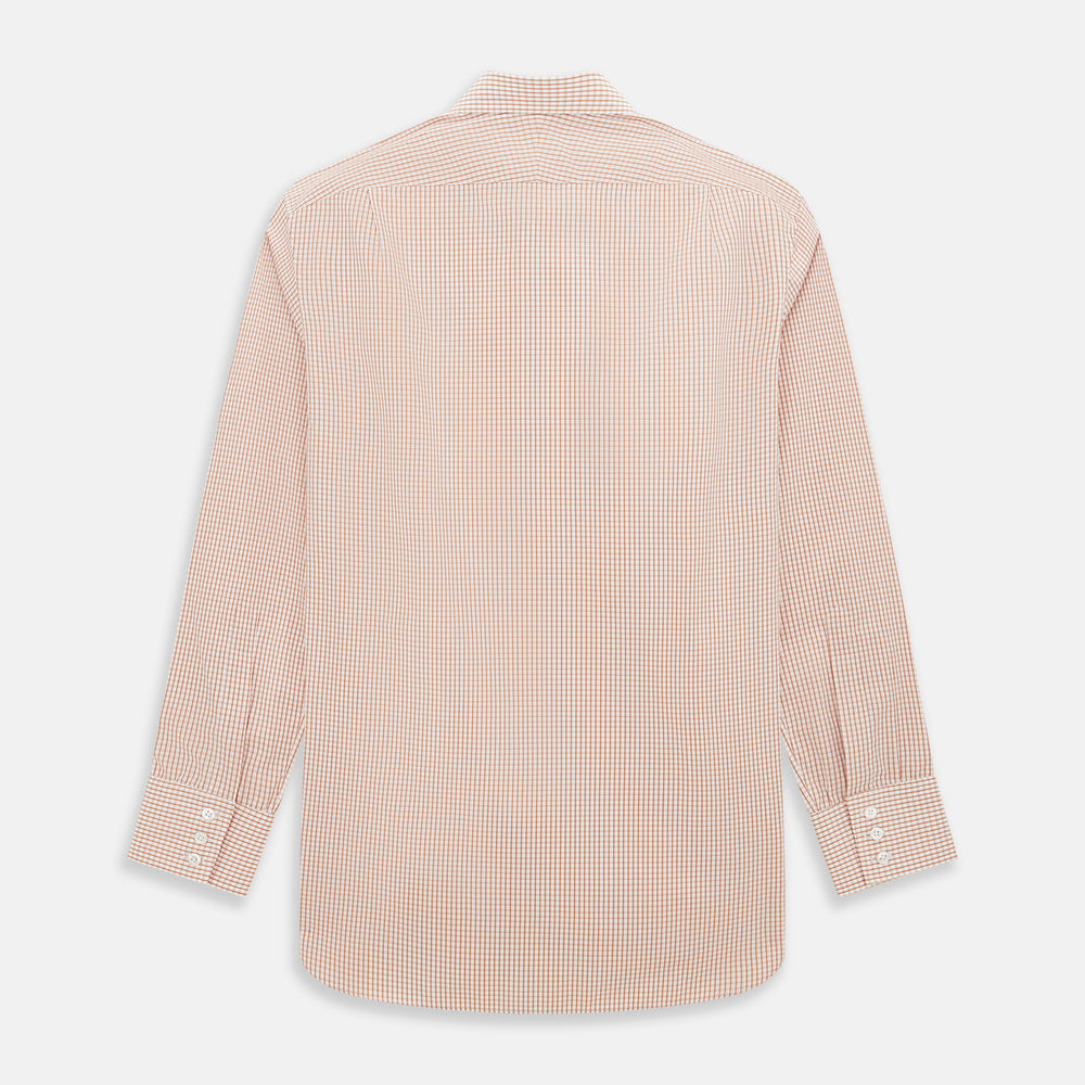 The Orange Micro Shadow Check Mayfair Shirt by Turnbull & Asser features a T&A collar, button-down front, and buttoned cuffs; crafted from Italian cotton in an orange and white check pattern, laid flat on a white background.