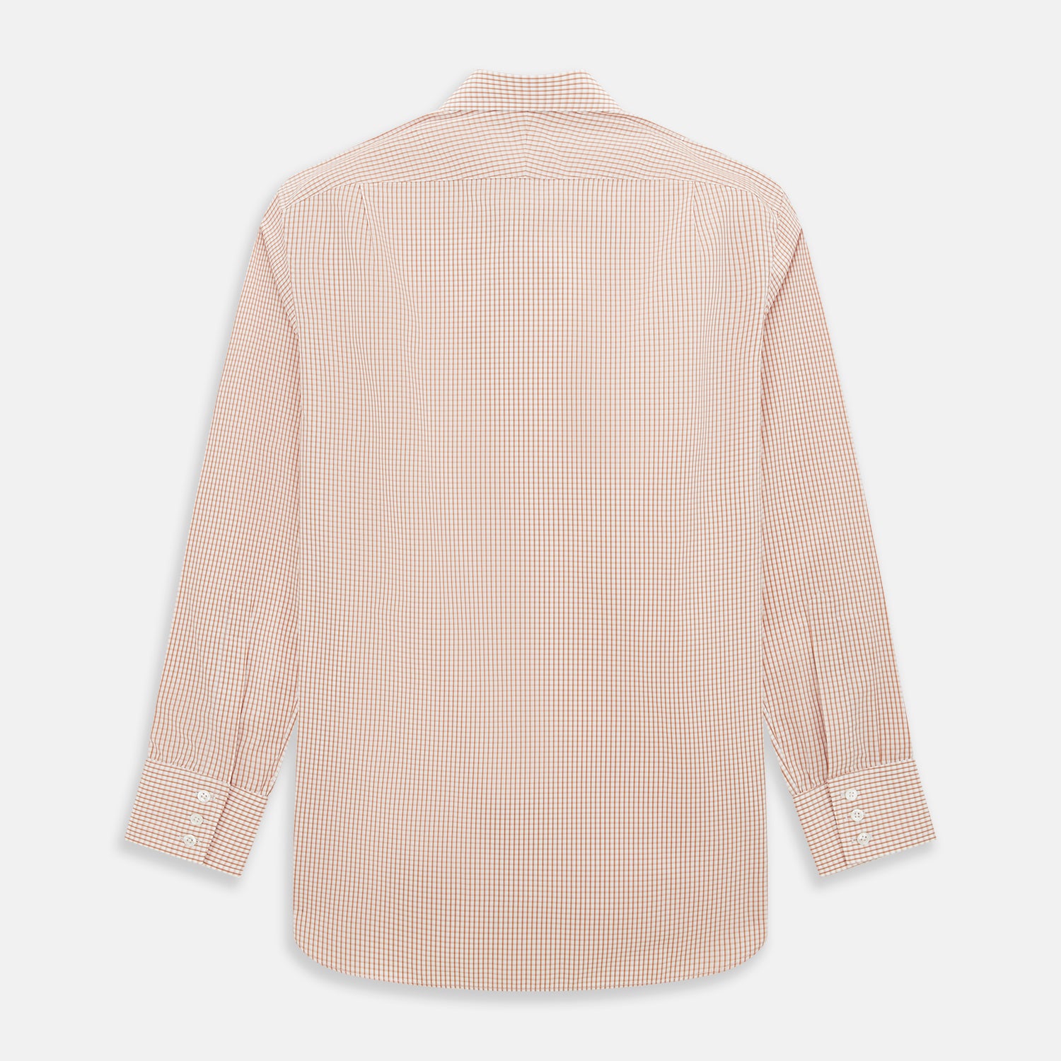 View 3 of product The Orange Micro Shadow Check Mayfair Shirt by Turnbull & Asser features a T&A collar, button-down front, and buttoned cuffs; crafted from Italian cotton in an orange and white check pattern, laid flat on a white background.