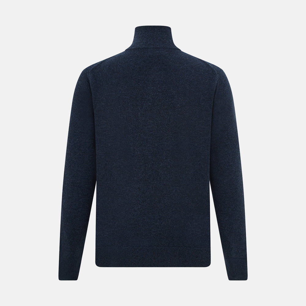 The Turnbull & Asser Navy Melange Half-Zip Cashmere Jumper features long sleeves, a high collar, and a half-zip front, showcased on a plain white background.