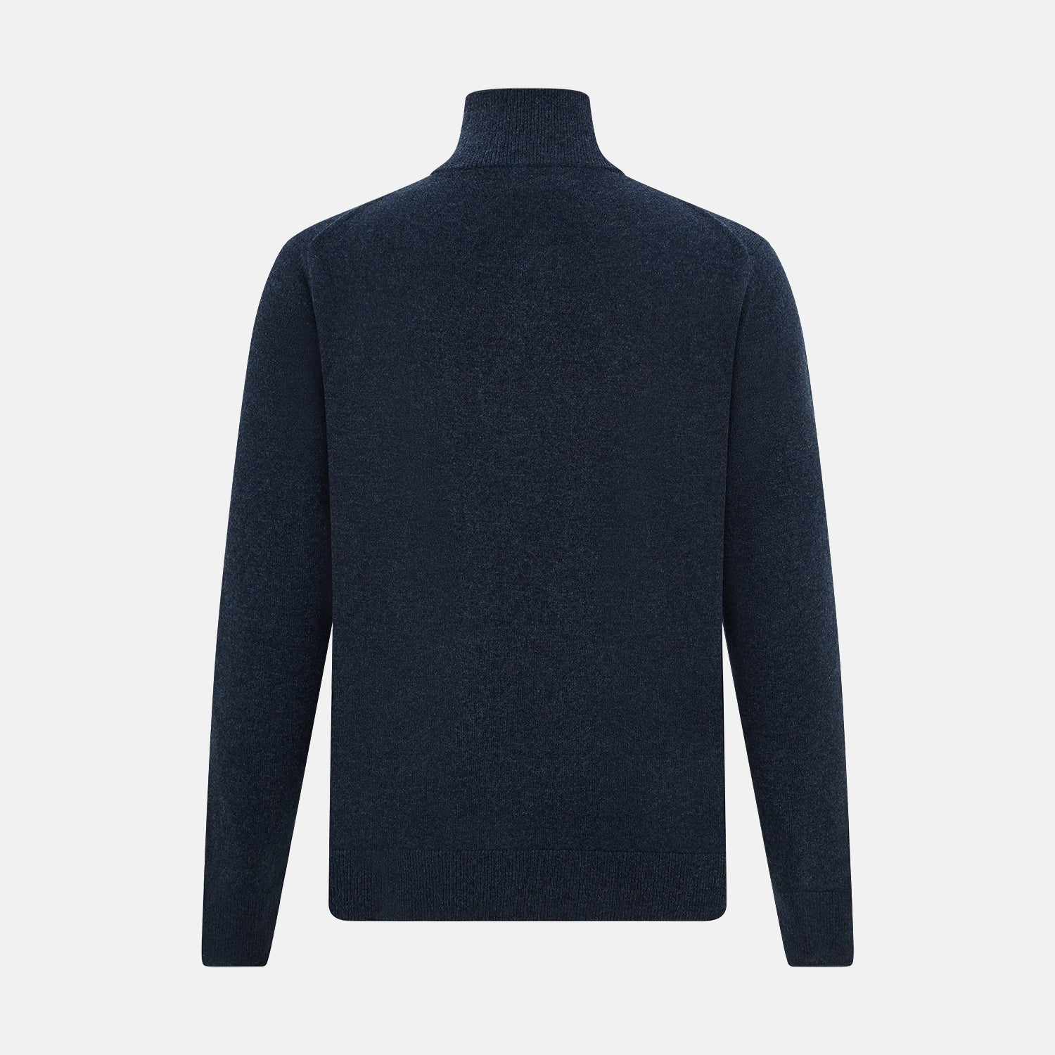 View 3 of product The Turnbull & Asser Navy Melange Half-Zip Cashmere Jumper features long sleeves, a high collar, and a half-zip front, showcased on a plain white background.