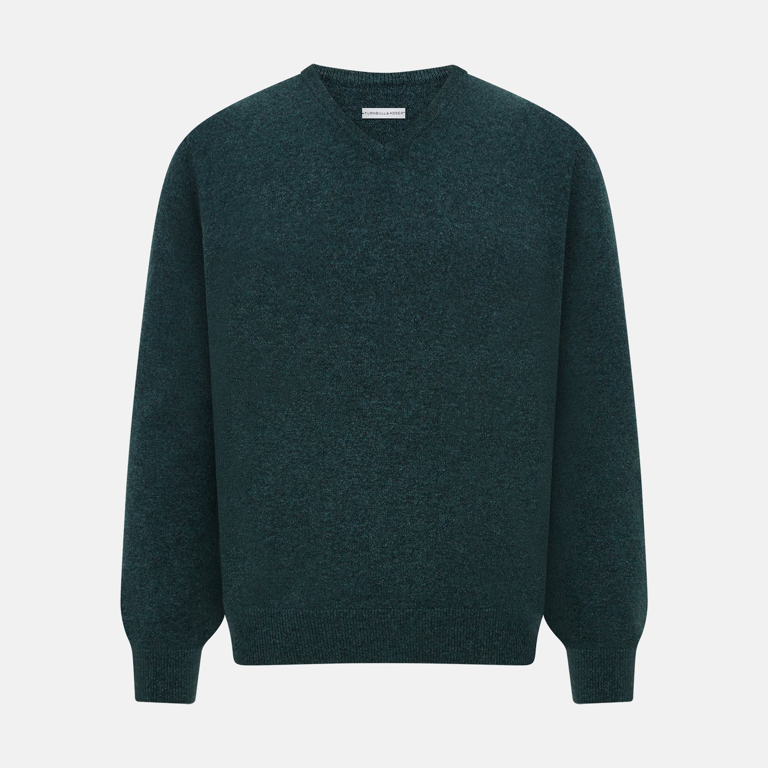 View 1 of product The Turnbull & Asser Forest Green Cashmere V-Neck Jumper features long sleeves, ribbed cuffs, collar, and hem. Shown against a white background, it's a classic knitwear piece ideal for layering.