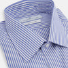 View 2 of product The Turnbull & Asser Blue Bengal Stripe Shirt with T&A collar and 3-button cuffs is shown laid flat on a white background.
