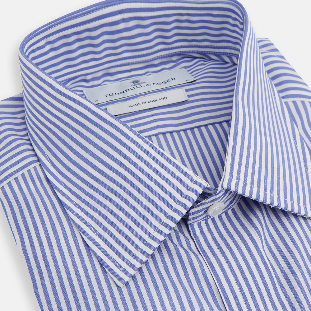 The Turnbull & Asser Blue Bengal Stripe Shirt with T&A collar and 3-button cuffs is shown laid flat on a white background.