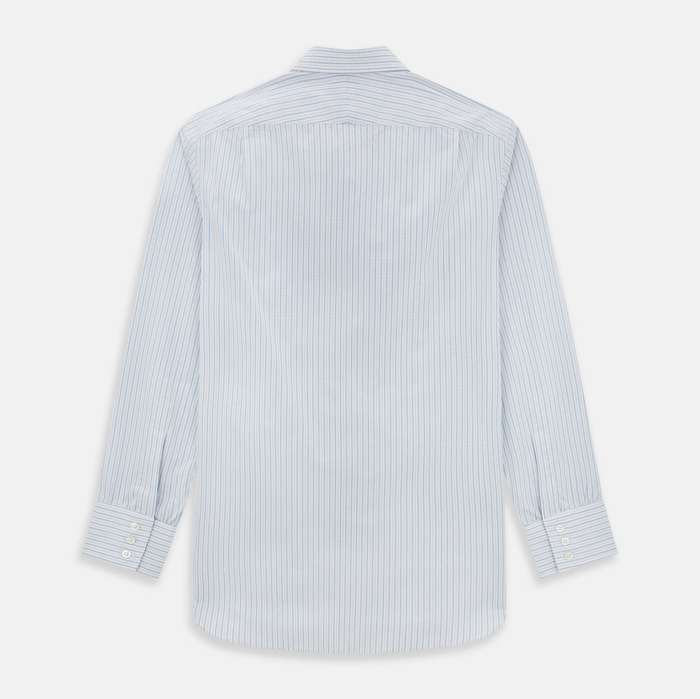 The Turnbull & Asser Blue Graph Check Mayfair Shirt features a classic T&A collar, Mayfair fit, buttoned cuffs, and long sleeves with light blue graph checks on a white background.