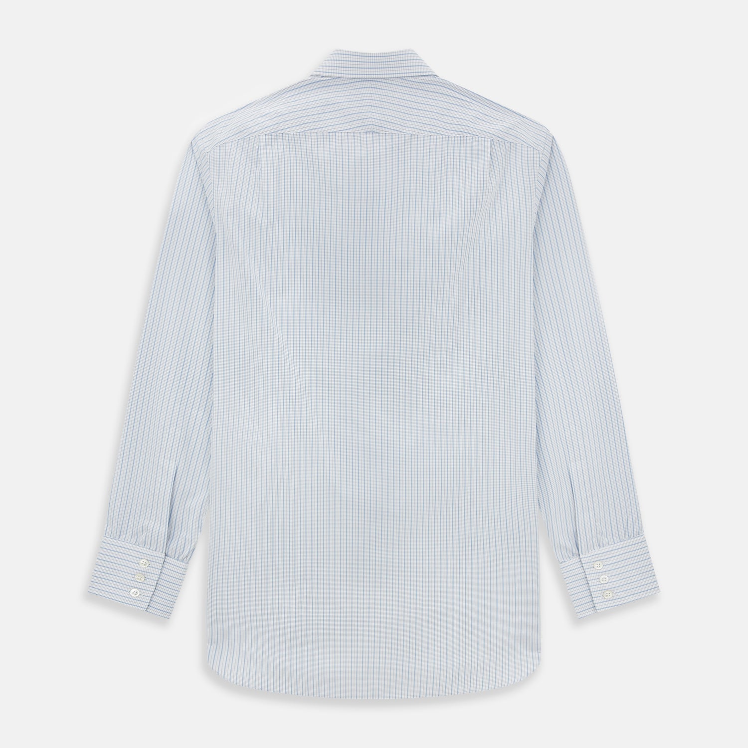 View 3 of product The Turnbull & Asser Blue Graph Check Mayfair Shirt features a classic T&A collar, Mayfair fit, buttoned cuffs, and long sleeves with light blue graph checks on a white background.
