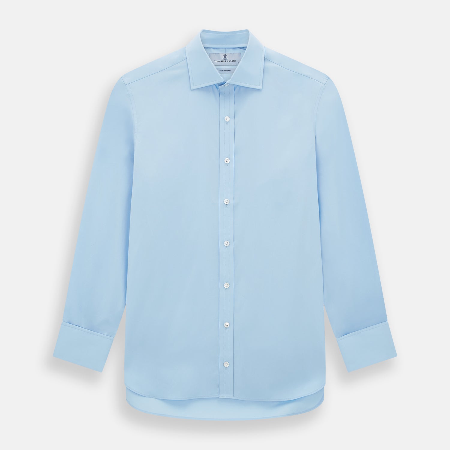 View 1 of product The Turnbull & Asser Dr. No Blue Cotton Shirt with cocktail cuffs, inspired by James Bond, features a classic collar and white buttons, displayed on a plain white background.