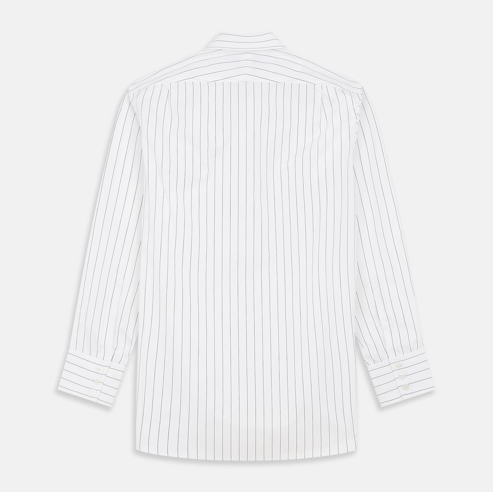 The Turnbull & Asser Black Fine Stripe Cotton Regular Fit Mayfair Shirt features a T&A collar, buttoned cuffs, and black fine stripes, displayed flat on a white background.