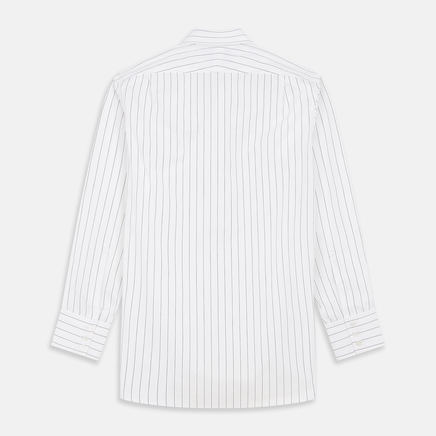 View 5 of product The Turnbull & Asser Black Fine Stripe Cotton Regular Fit Mayfair Shirt features a T&A collar, buttoned cuffs, and black fine stripes, displayed flat on a white background.