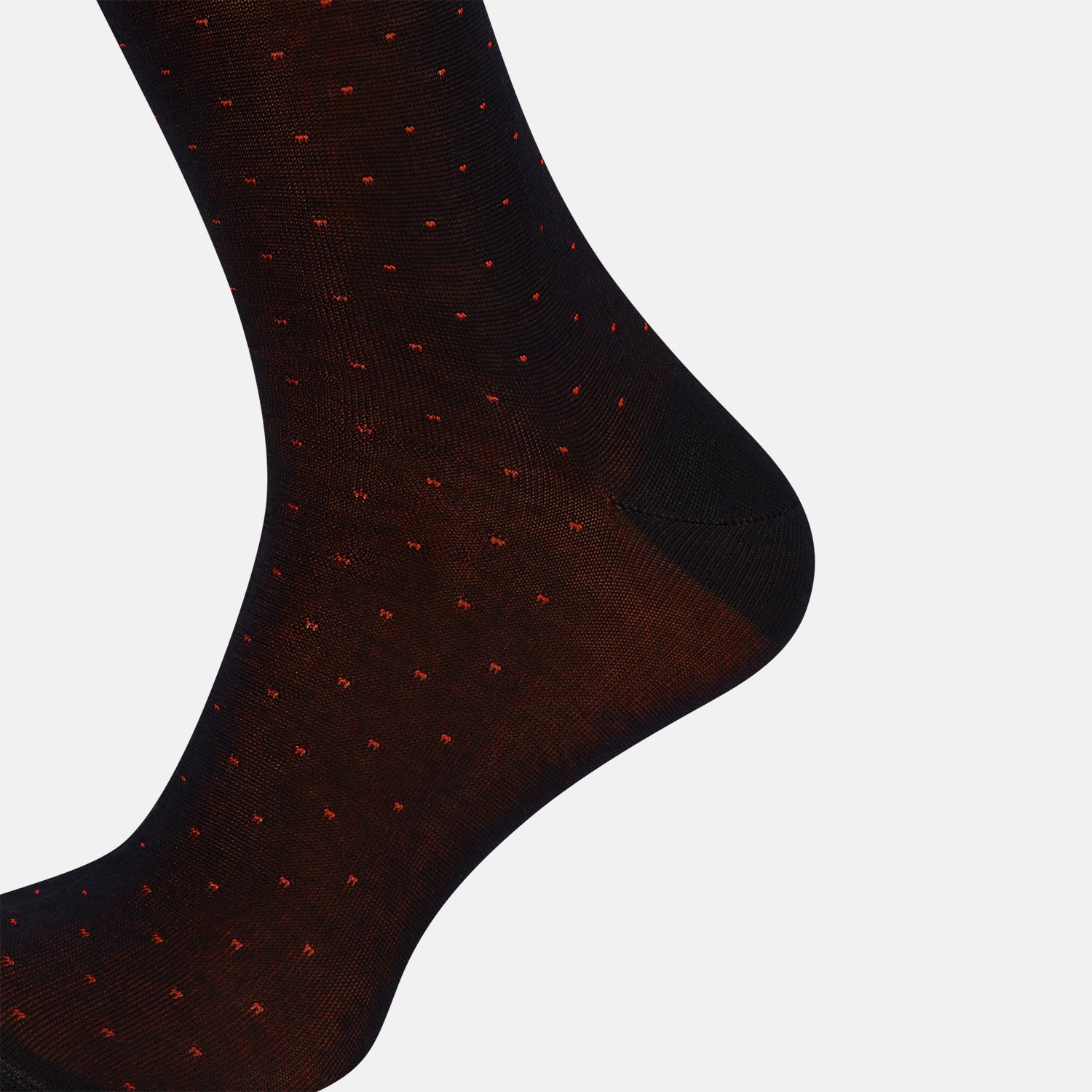 View 4 of product The Turnbull & Asser Navy/Red Polka Dot Mid-Length Sock is shown against a white background, featuring small red dots and solid black cuff, heel, and toe for classic style.