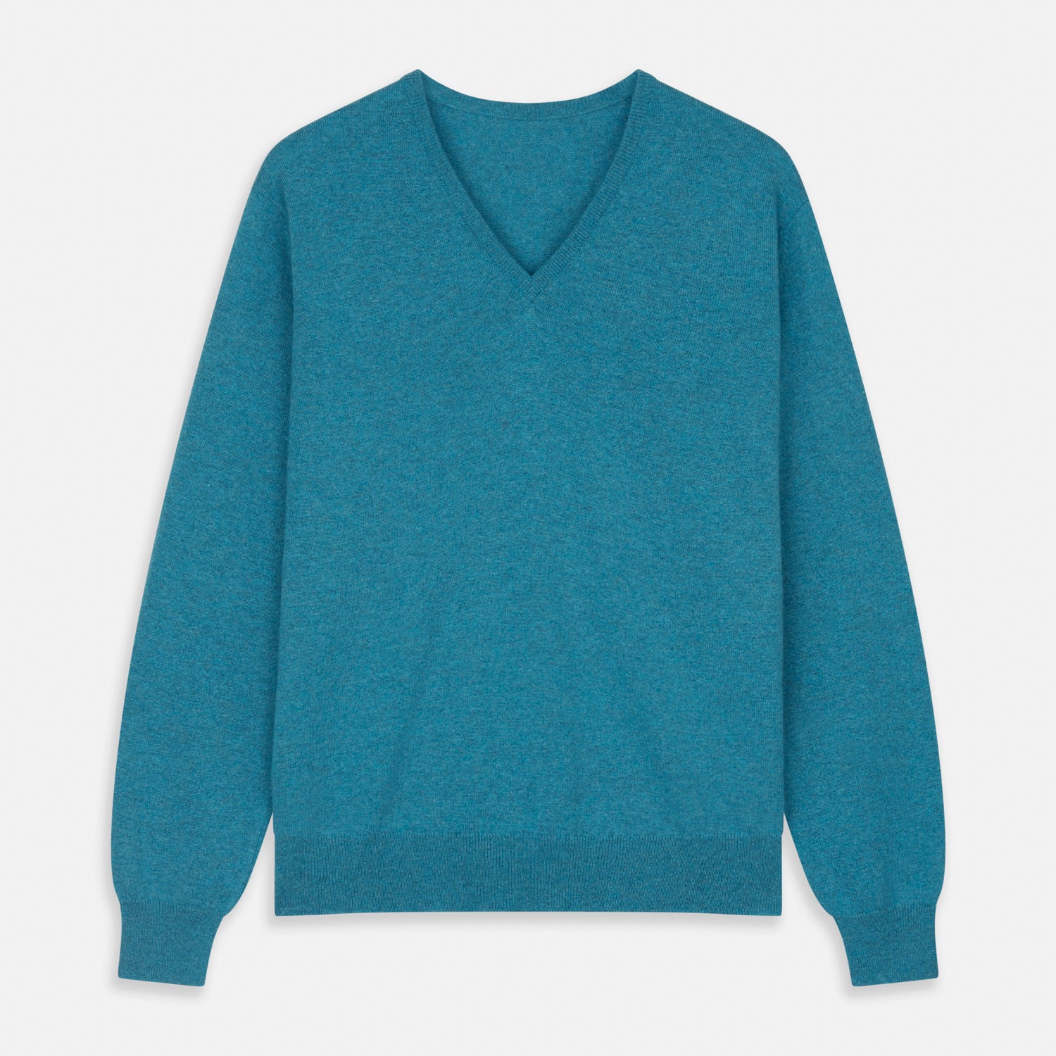 View 1 of product The Teal Paden V-Neck Jumper by Turnbull & Asser is a pure cashmere sweater in teal blue, featuring long sleeves with ribbed cuffs and hem, shown flat on a light gray background.