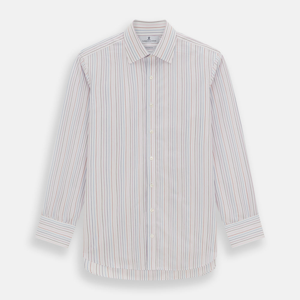 The Pink and Blue Multi Double Pinstripe Mayfair Shirt by Turnbull & Asser is a long-sleeve, button-up with a T&A collar, buttoned cuffs, and thin blue, red, and white stripes on a light background for a classic, formal look.