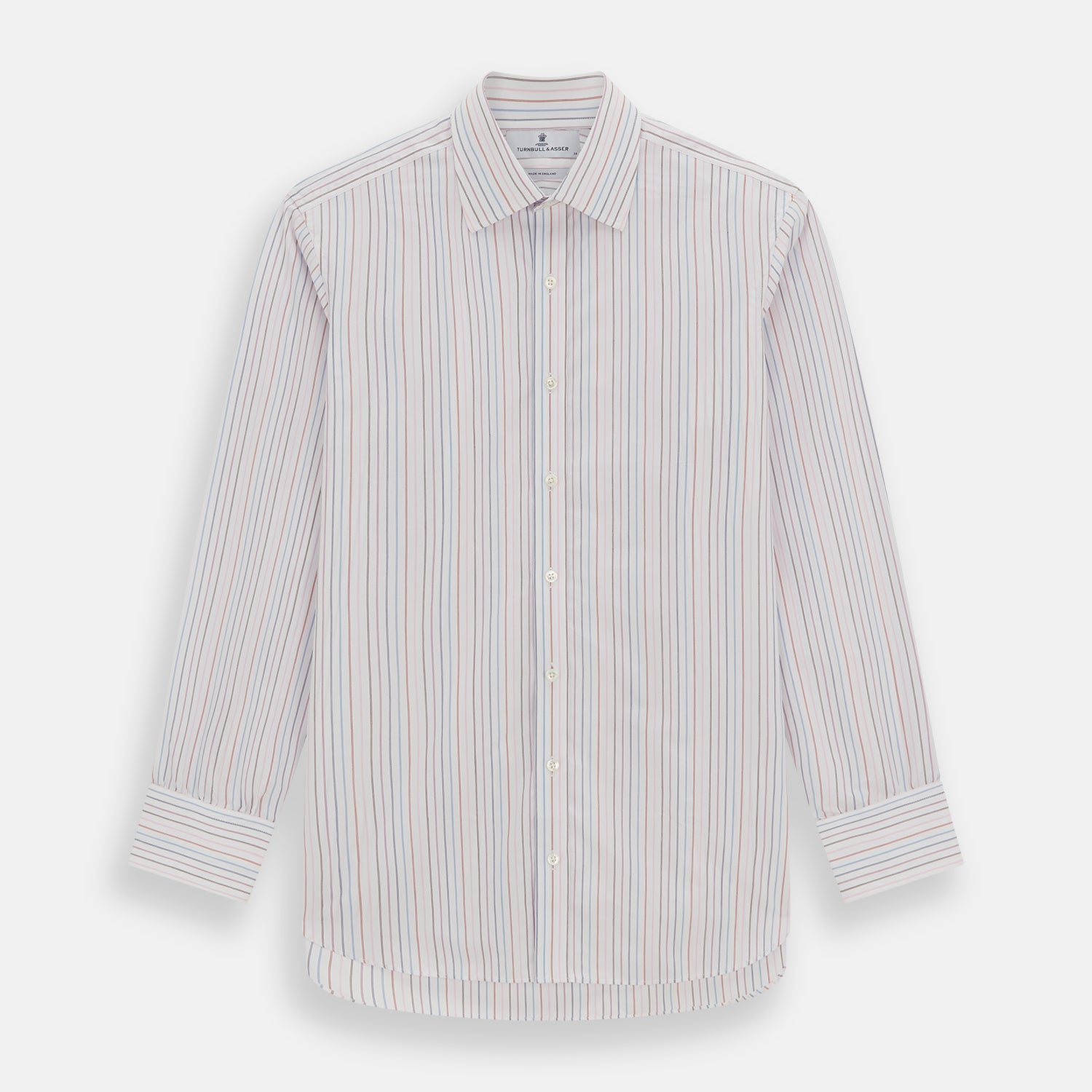 View 1 of product The Pink and Blue Multi Double Pinstripe Mayfair Shirt by Turnbull & Asser is a long-sleeve, button-up with a T&A collar, buttoned cuffs, and thin blue, red, and white stripes on a light background for a classic, formal look.