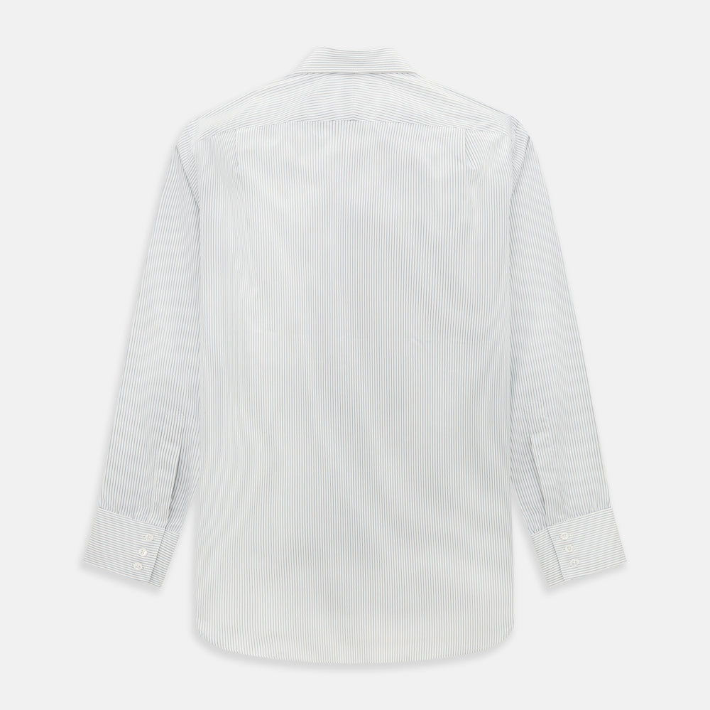 The Turnbull & Asser Green and Brown Ticking Stripe Mayfair Shirt, a long-sleeve, button-up style with a T&A collar, is crafted from premium Italian cotton and laid flat on a white background.