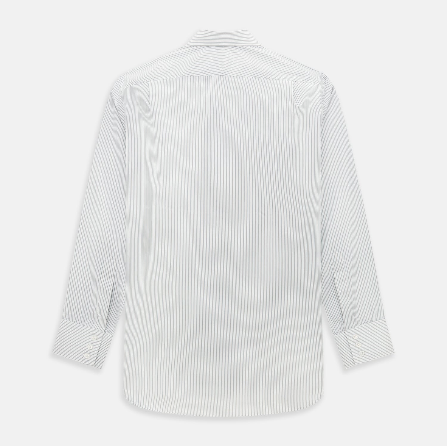 View 3 of product The Turnbull & Asser Green and Brown Ticking Stripe Mayfair Shirt, a long-sleeve, button-up style with a T&A collar, is crafted from premium Italian cotton and laid flat on a white background.