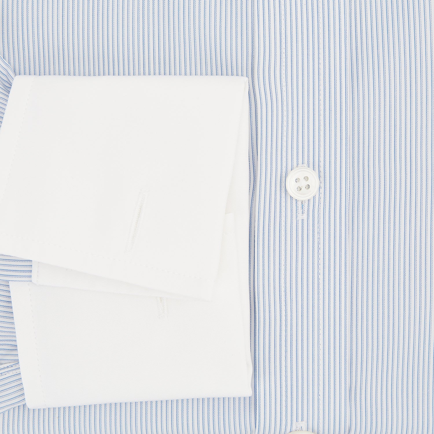 View 4 of product Turnbull & Asser Sky Blue Hairline Multi Stripe Shirt features a contrasting T&A collar and cuffs, long sleeves, and button-down front. Displayed against a plain white background.