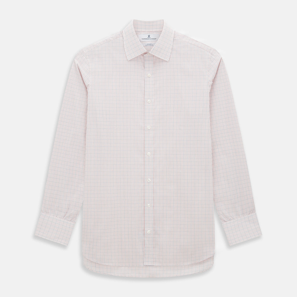 The Turnbull & Asser Red Micro Graph Check Mayfair Shirt is a long-sleeved, button-up Italian cotton shirt with a spread collar and buttoned cuffs, shown on a plain white background.